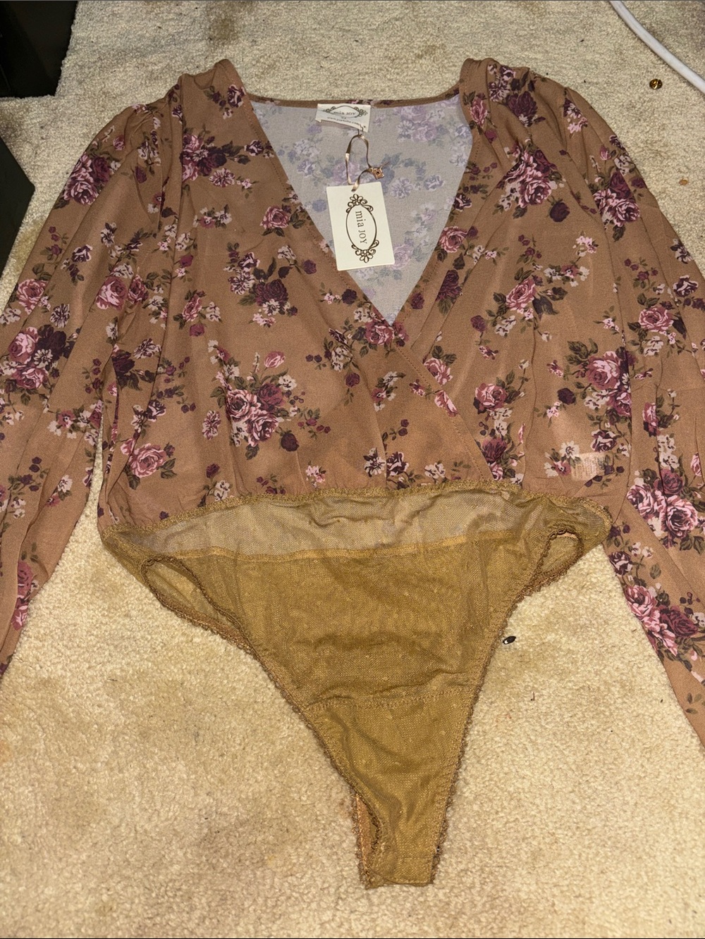 Floral V-Neck Long Sleeve Bodysuit in Brown with Pink Roses